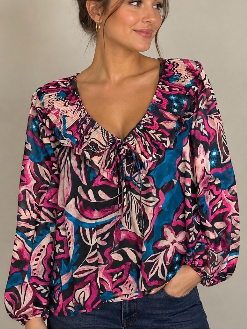 BCBG Pink Floral Ruffle V-Neck Blouse XL